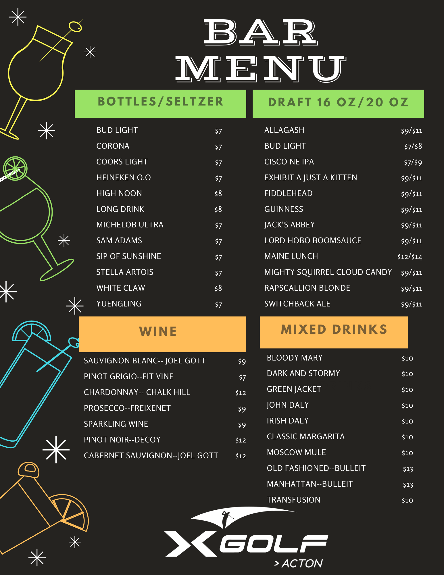 Xgolf acton bar menu
