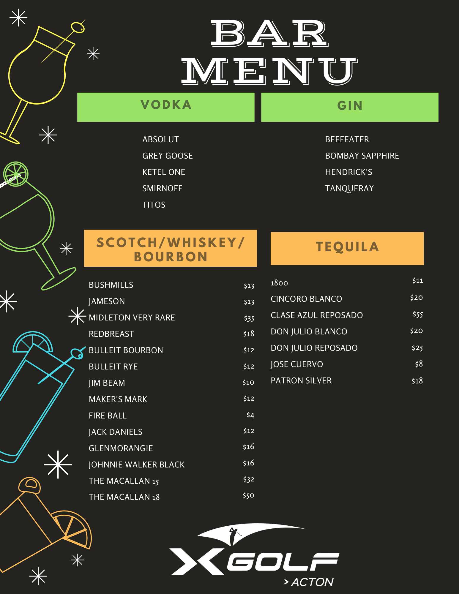 Xgolf acton bar menu